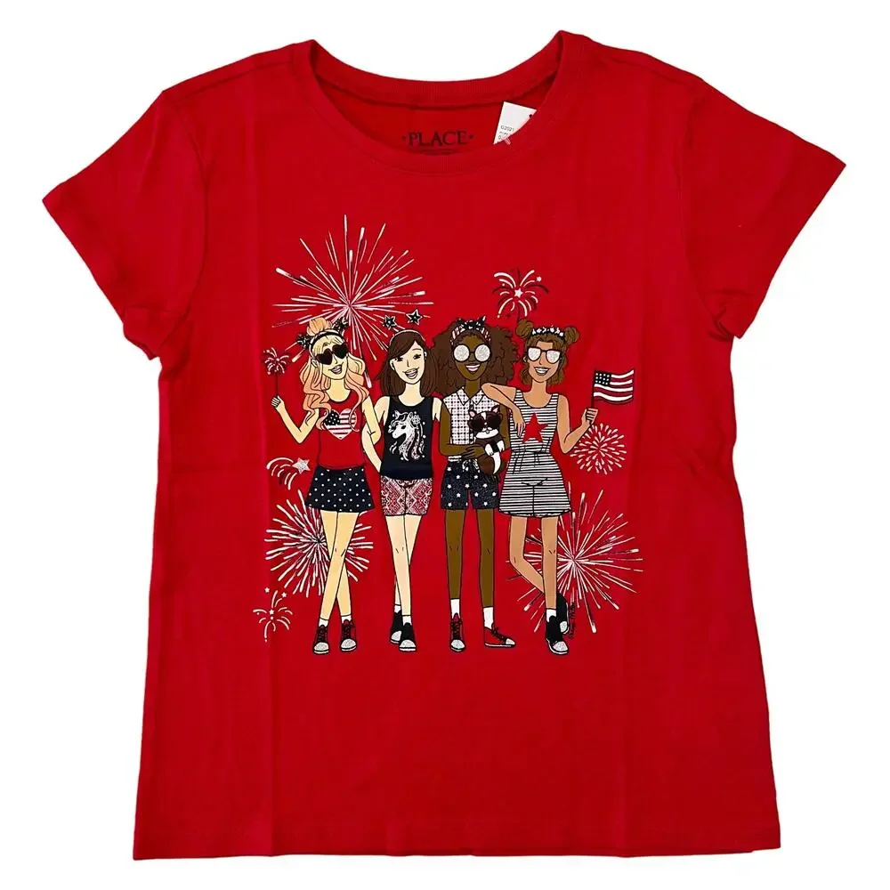 NWT Children's Place Girls Red 4th of July American Girl Squad Tee -SIZE S (5/6)